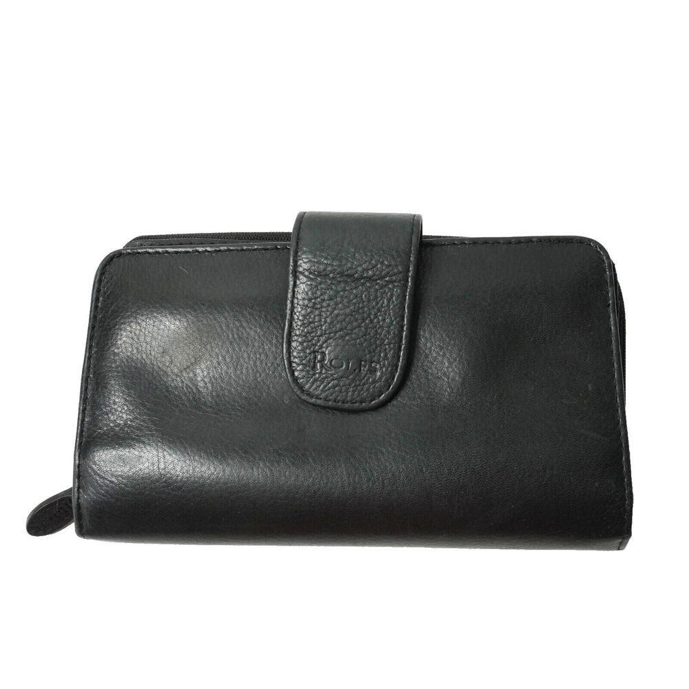VTG Rolfs Wallet Clutch Checkbook Tri Fold Black Pebbled Leather‎ Organizer SEE